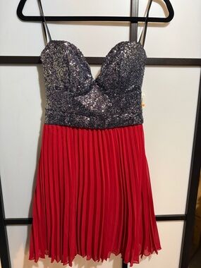 B Darlin Silver Sequin Bodice Red Pleated Mini Dress